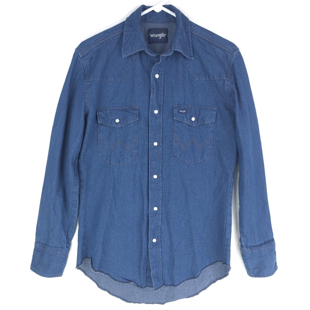 Wrangler Men Small Pearl Snap Western Shirt Long Sleeve Solid Blue Cotton